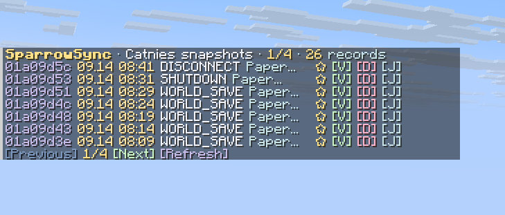 Snapshot list in chat, with pagination and view, delete, and export actions