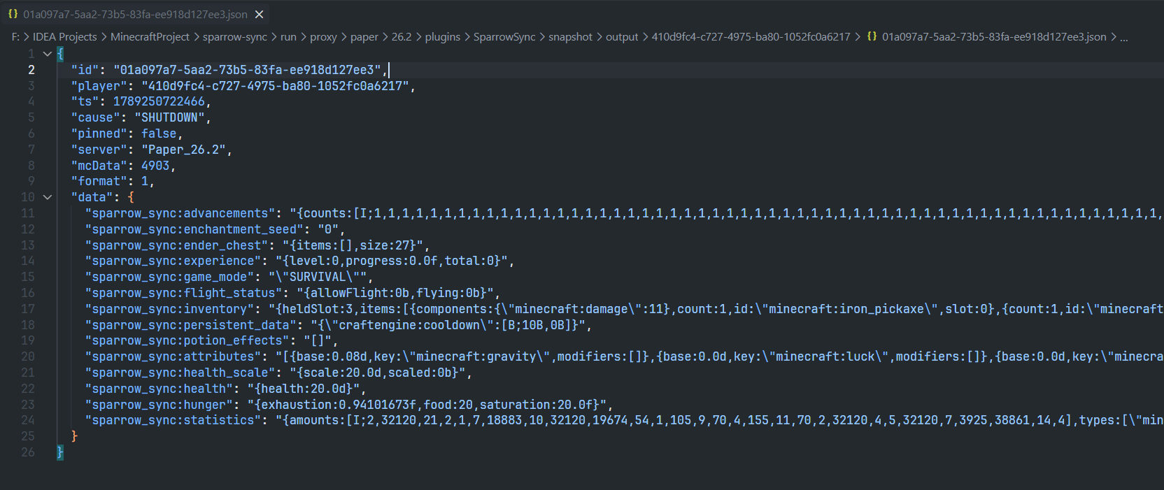 导出的 JSON 快照,包含快照 ID、玩家 UUID、保存时间和数据内容